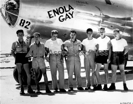 **FILE**In this undated handout picture from the U.S.Army Air Force, the ground crew of the Enola Gay B29 bomber which bombed Hiroshima, Japan on Aug. 6, 1945 with the "Little Boy" atomic bomb, stands with pilot Col. Paul W. Tibbets, center, in the Marianas Islands. Tibbets died Thursday, Nov.1, 2007, at his Columbus, Ohio, home. He was 92. (AP Photo/U.S. Army Air Force)