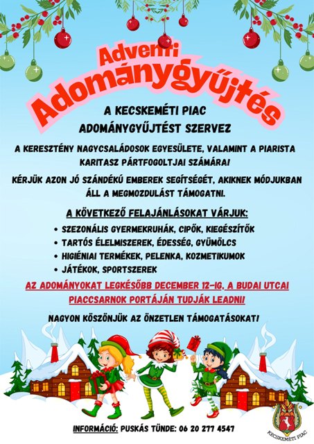 Adventi adománygyűjtést hirdet a Kecskeméti Piac