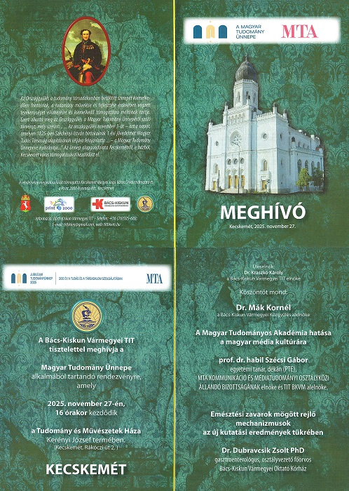 A Magyar Tudomány Ünnepe - Bács-Kiskun Vármegyei Tudományos Ismeretterjesztő Társulat meghívója